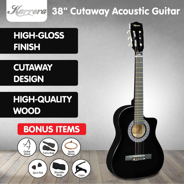 Karrera 38in Pro Cutaway Acoustic Guitar with Carry Bag - Black Karrera