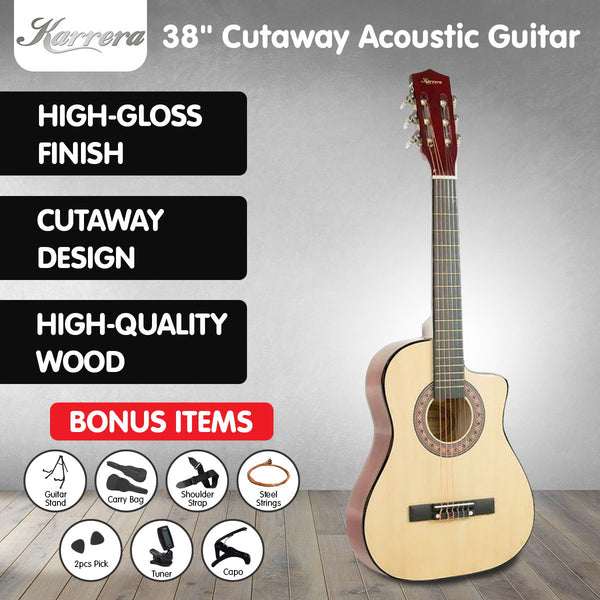Karrera 38in Pro Cutaway Acoustic Guitar with guitar bag - Natural Karrera