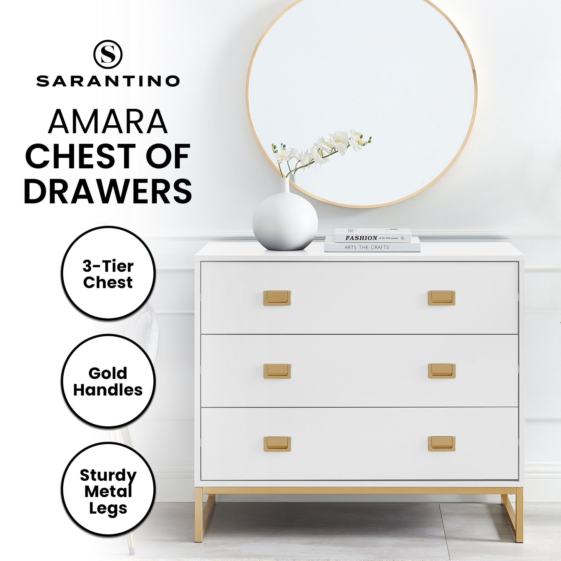 Sarantino Amara Chest Of Drawers Tallboy Dresser - White/gold Sarantino
