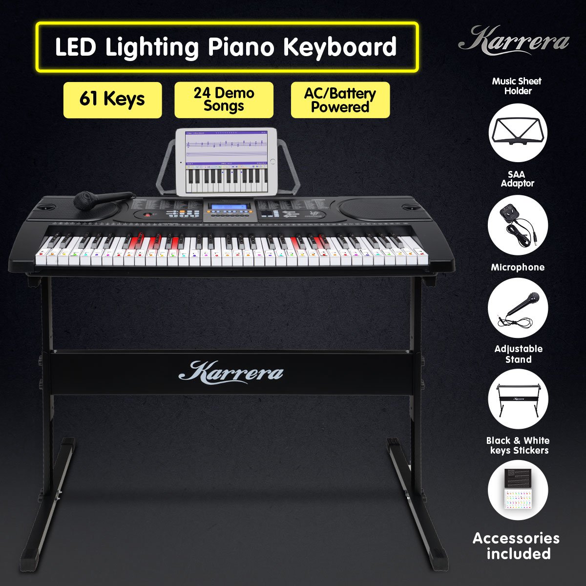 Karrera 61 Keys Electronic LED Keyboard Piano with Stand - Black Karrera