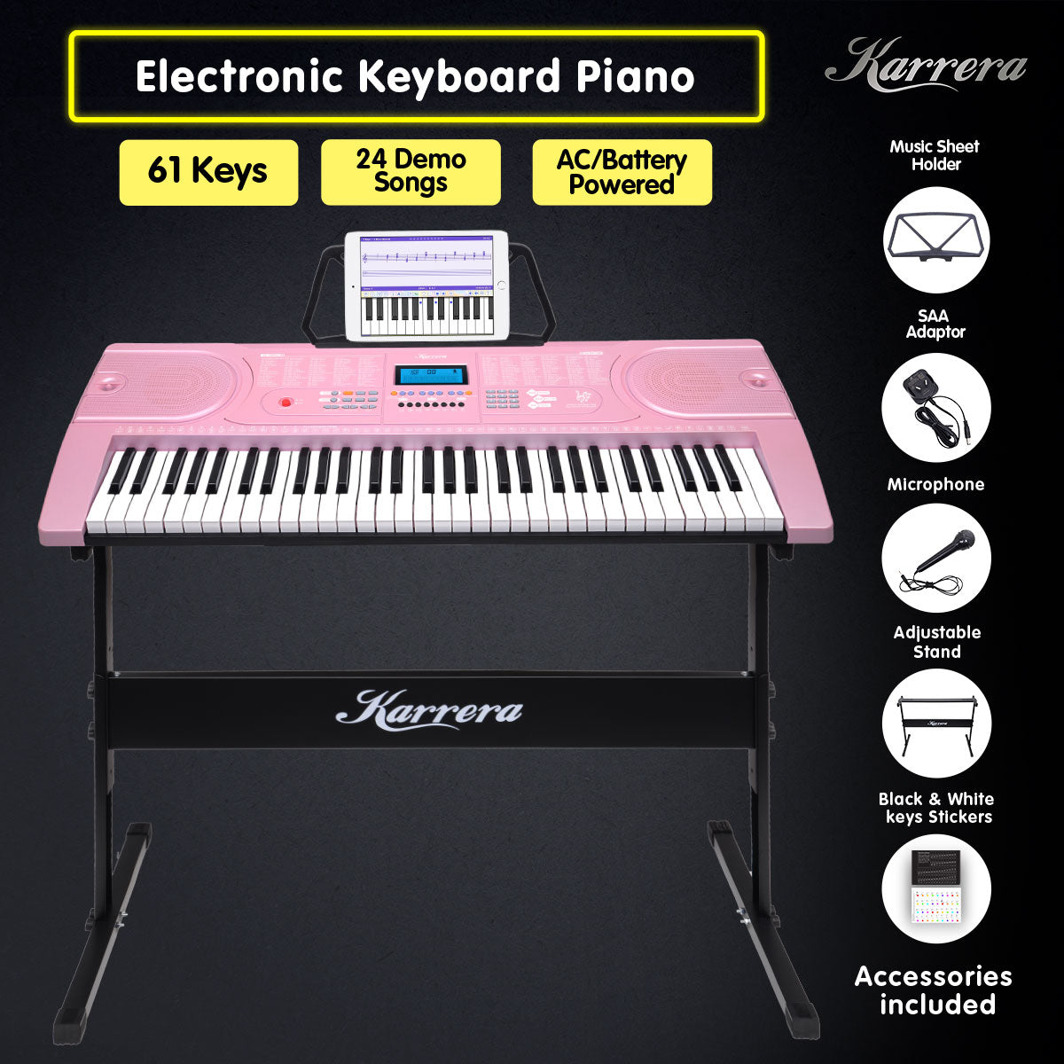 Karrera 61 Keys Electronic Keyboard Piano Music with Stand - Pink Karrera