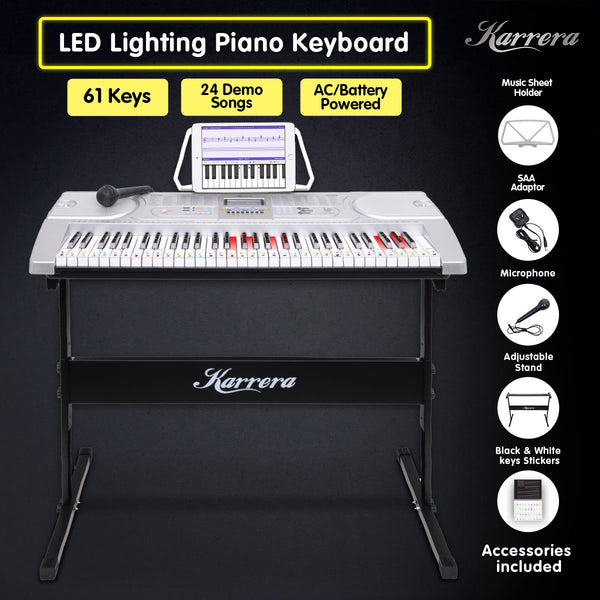 Karrera 61 Keys Electronic LED Keyboard Piano with Stand - Silver Karrera