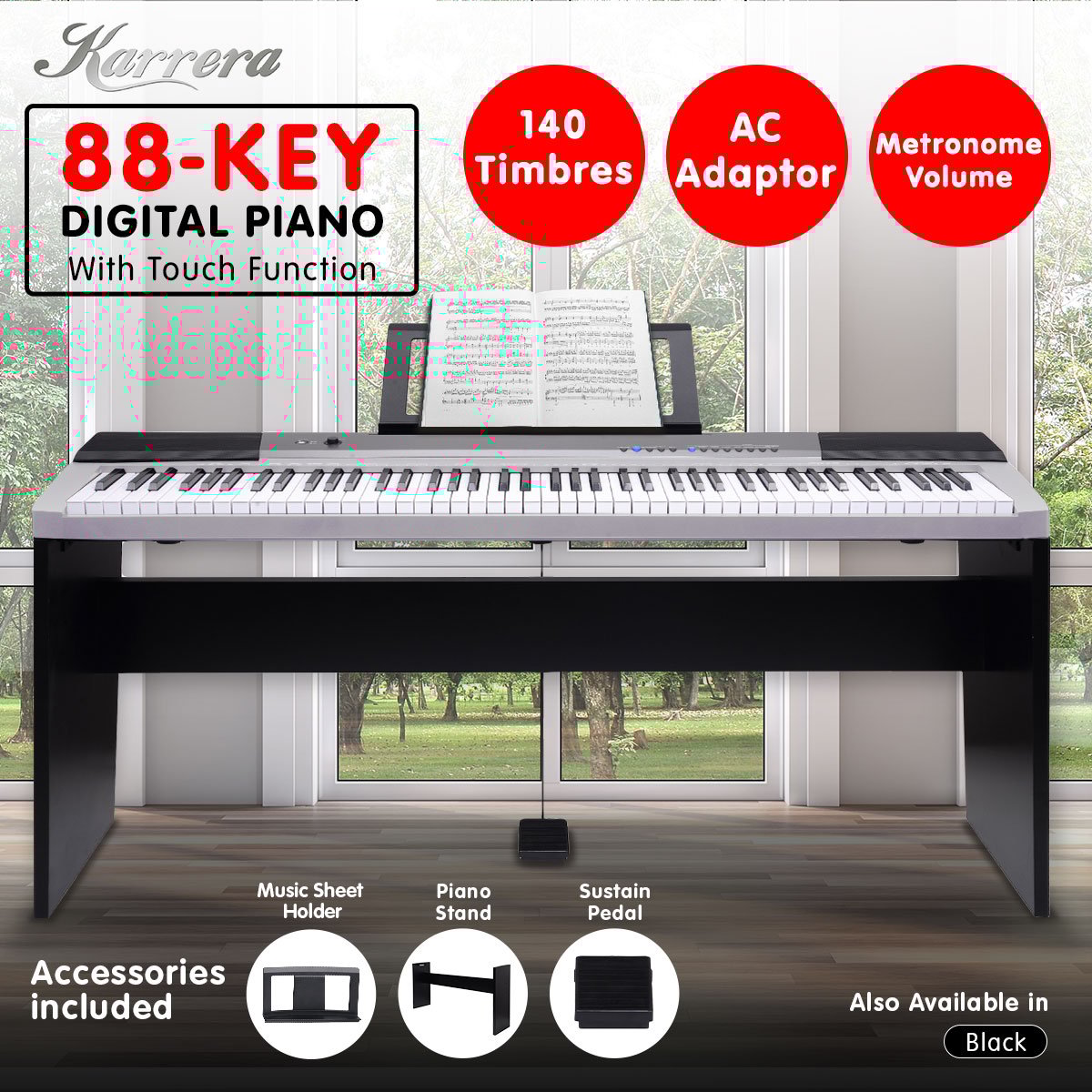 Karrera 88 Keys Electronic Keyboard Piano with Stand Silver Karrera