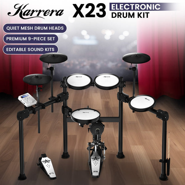 Karrera X23 Electronic Drum Kit With Quiet Mesh Drum Heads, Editable Sound Kits, Kick Pedal And Silicone Kick Drum, Usb Midi And 420 Sound Karrera