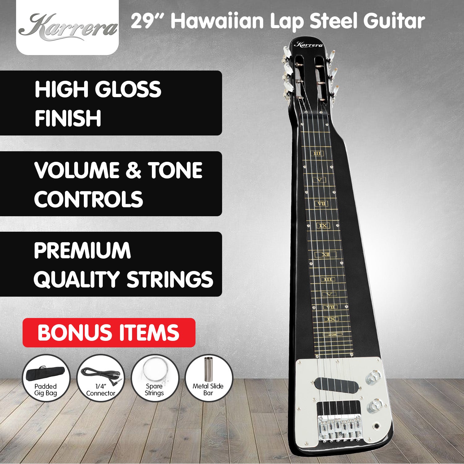 Karrera 29in 6-String Lap Steel Hawaiian Guitar - Black Karrera