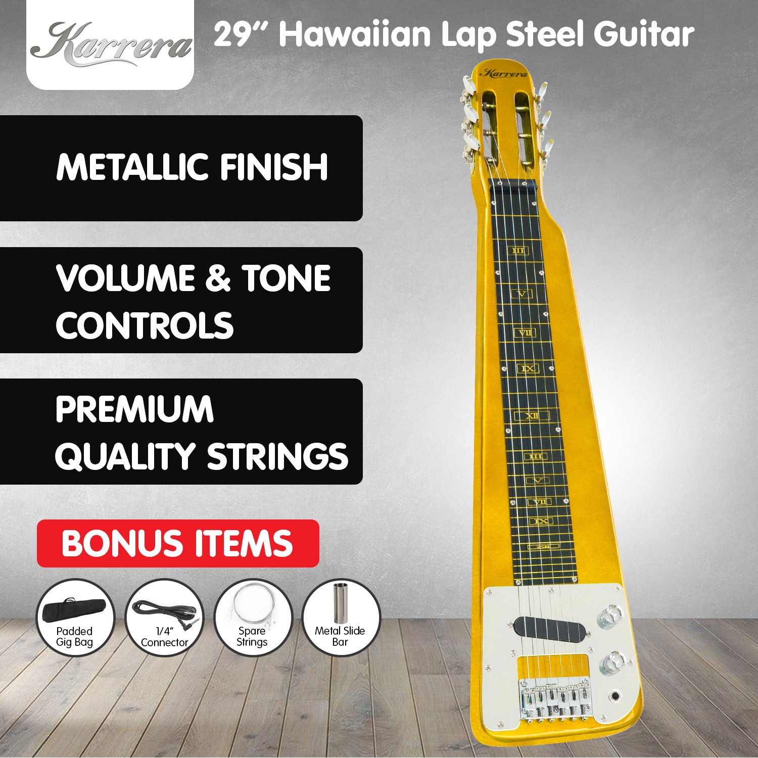 Karrera 29in 6-String Lap Steel Hawaiian Guitar - Metallic Gold Karrera