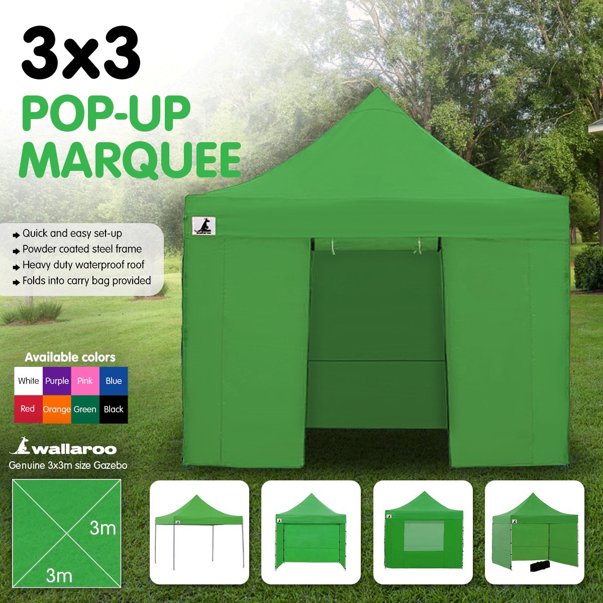 Wallaroo Gazebo Tent Marquee 3x3 Popup Outdoor - Green Wallaroo