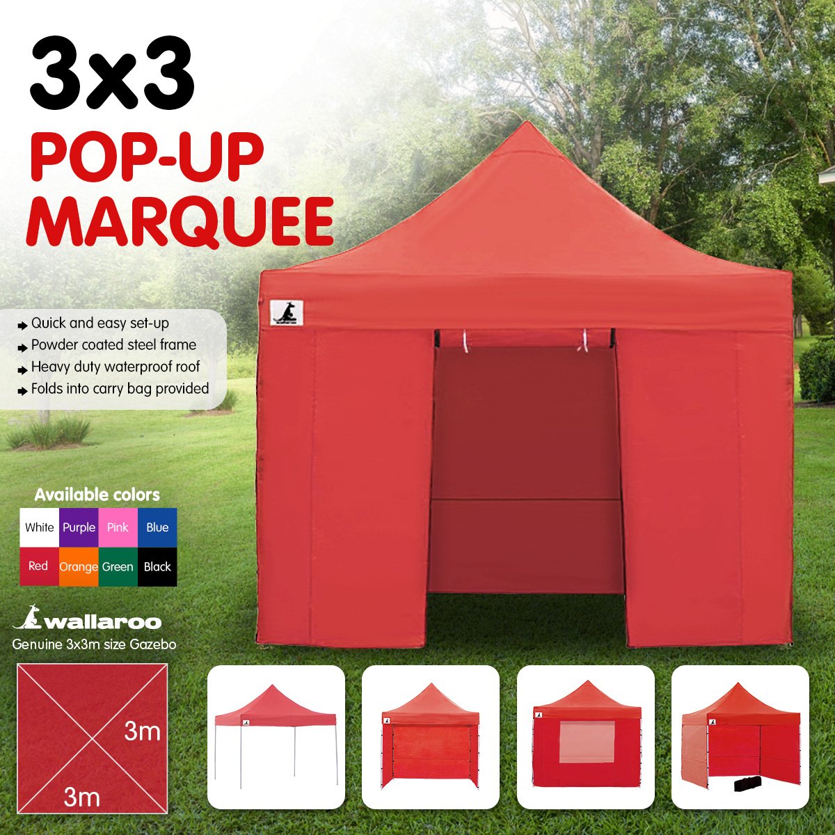 Wallaroo Gazebo Tent Marquee 3x3 PopUp Outdoor  Red Wallaroo