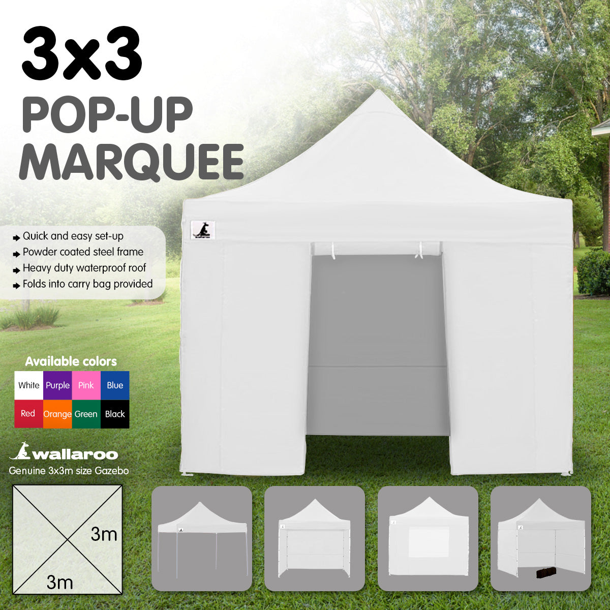 Wallaroo Gazebo Tent Marquee 3x3 PopUp Outdoor Wallaroo White Wallaroo