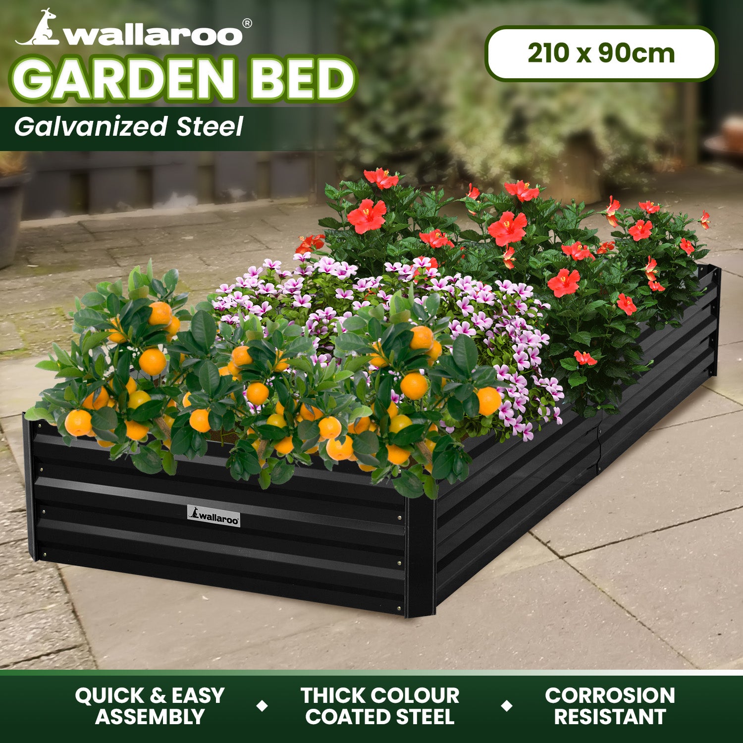 Wallaroo Garden Bed 210 x 90 x 30cm Galvanized Steel - Black Wallaroo