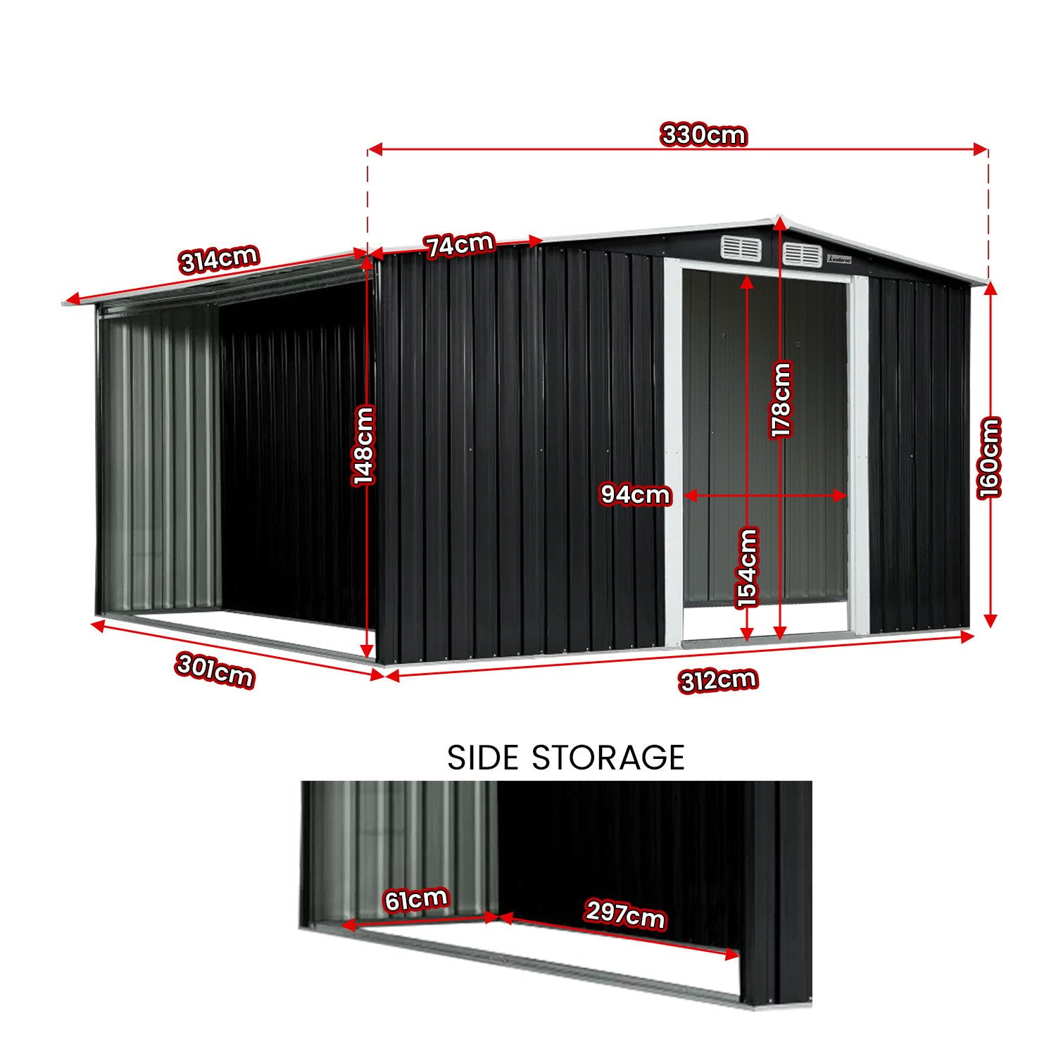 Wallaroo Garden Shed with Semi-Closed Storage 10*8FT - Black Wallaroo