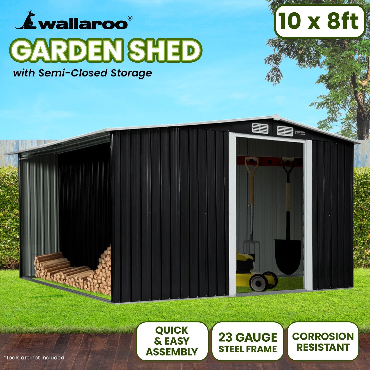 Wallaroo Garden Shed with Semi-Closed Storage 10*8FT - Black Wallaroo
