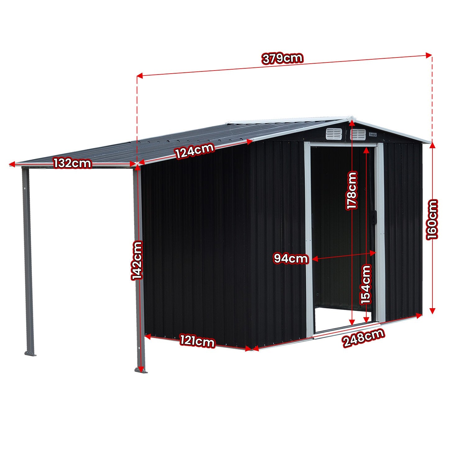 Wallaroo 4x8ft Zinc Steel Garden Shed with Open Storage - Black Wallaroo
