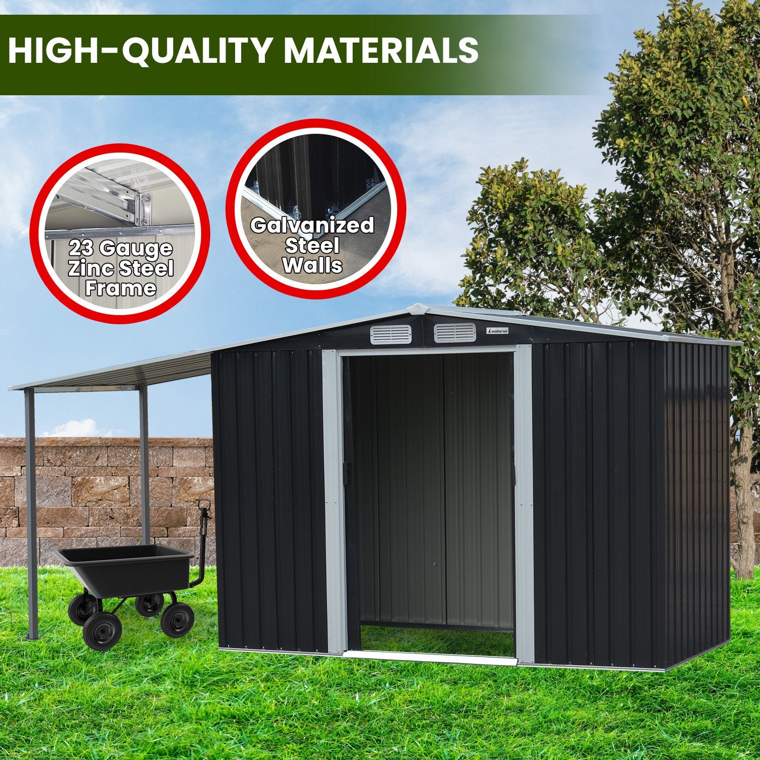 Wallaroo 4x8ft Zinc Steel Garden Shed with Open Storage - Black Wallaroo