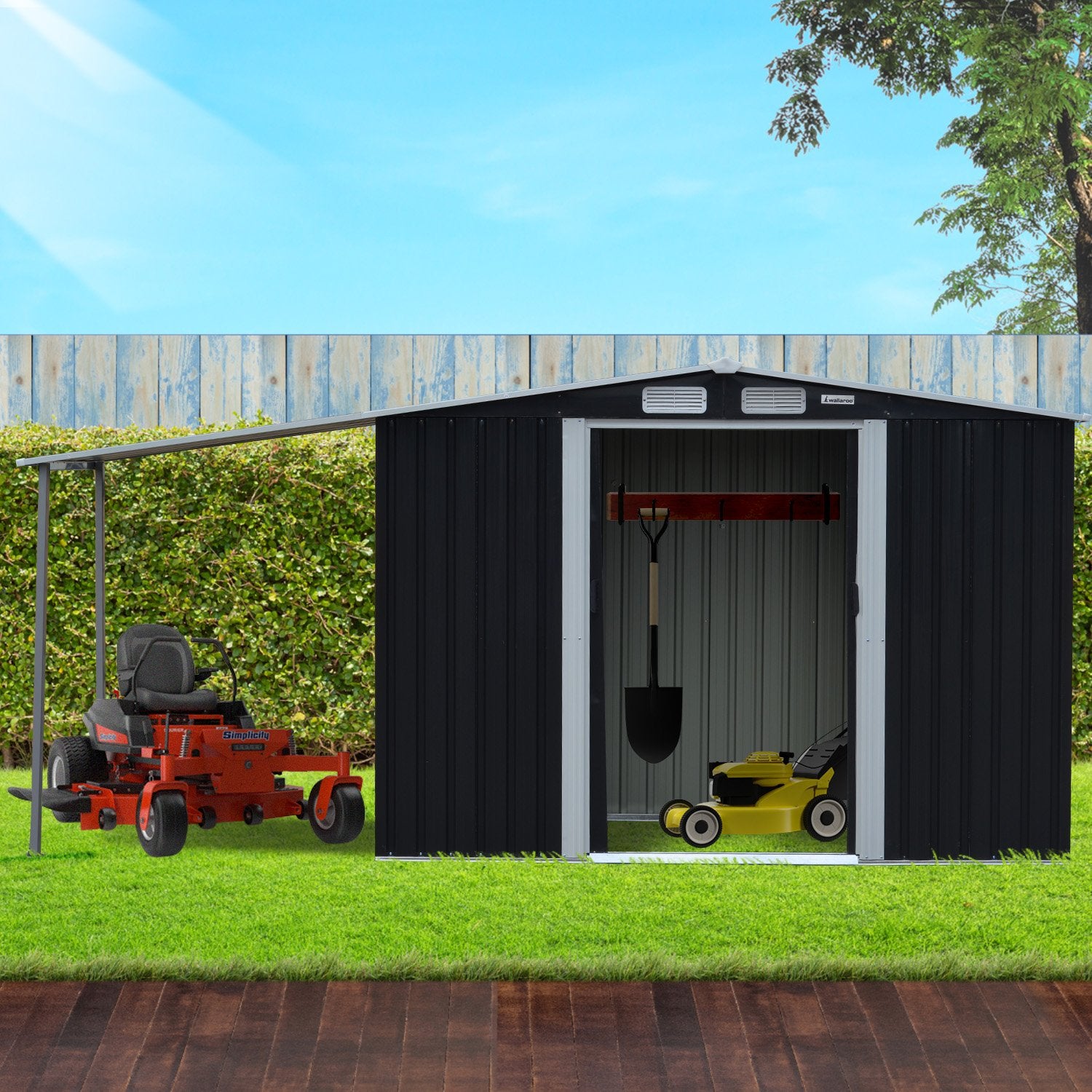 Wallaroo 4x8ft Zinc Steel Garden Shed with Open Storage - Black Wallaroo