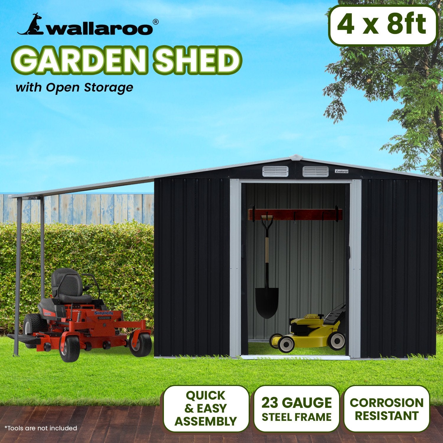 Wallaroo 4x8ft Zinc Steel Garden Shed with Open Storage - Black Wallaroo