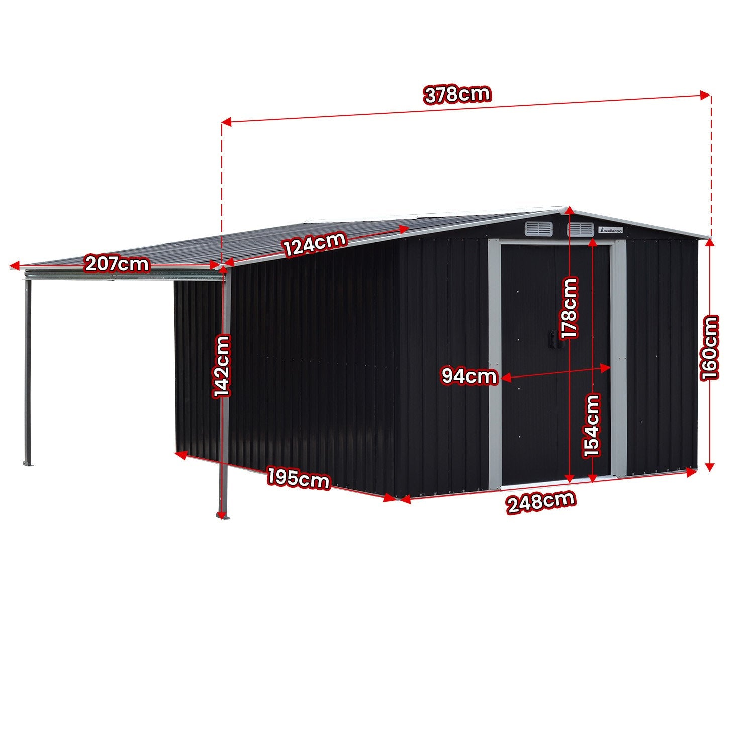 Wallaroo 6x8ft Zinc Steel Garden Shed with Open Storage - Black Wallaroo