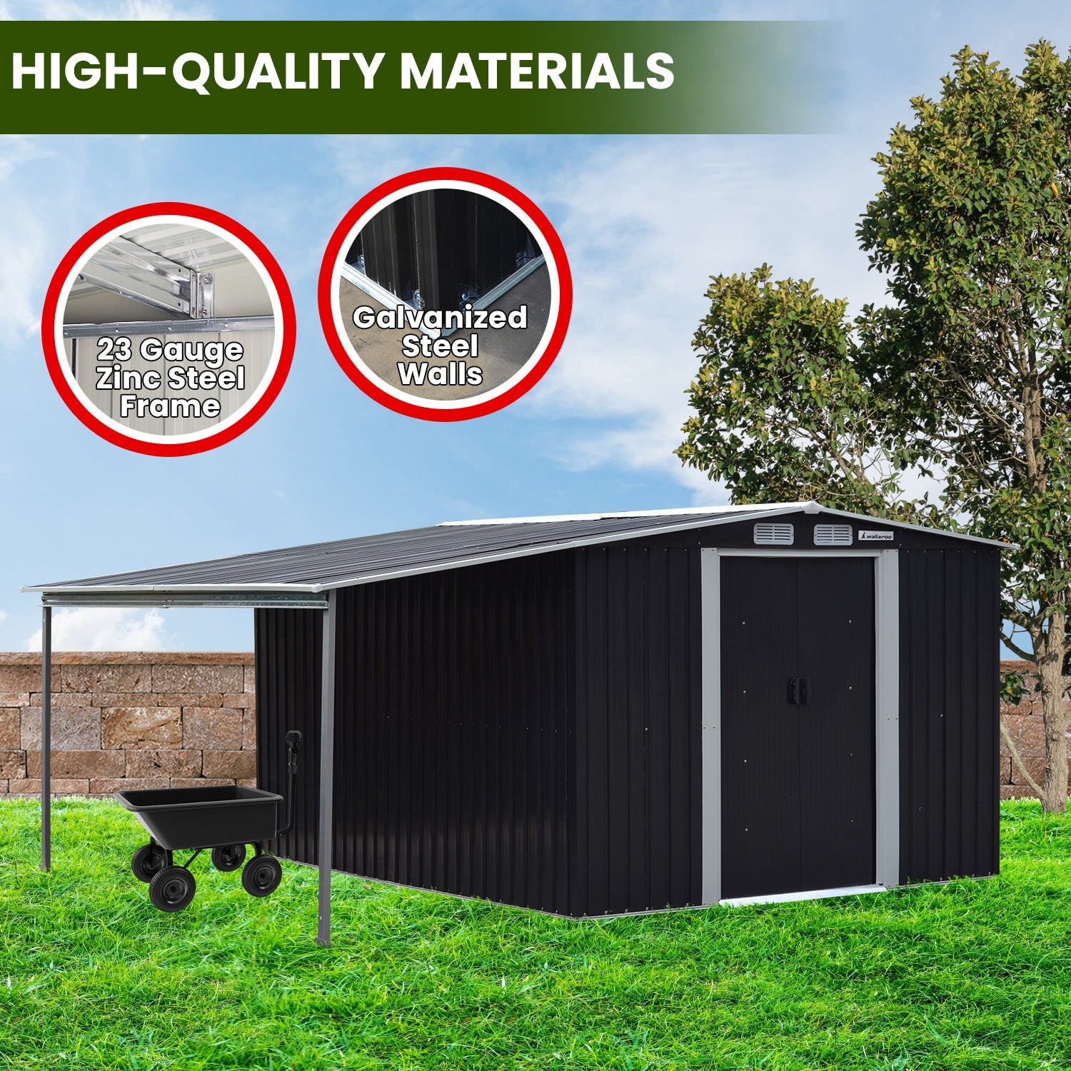 Wallaroo 6x8ft Zinc Steel Garden Shed with Open Storage - Black Wallaroo