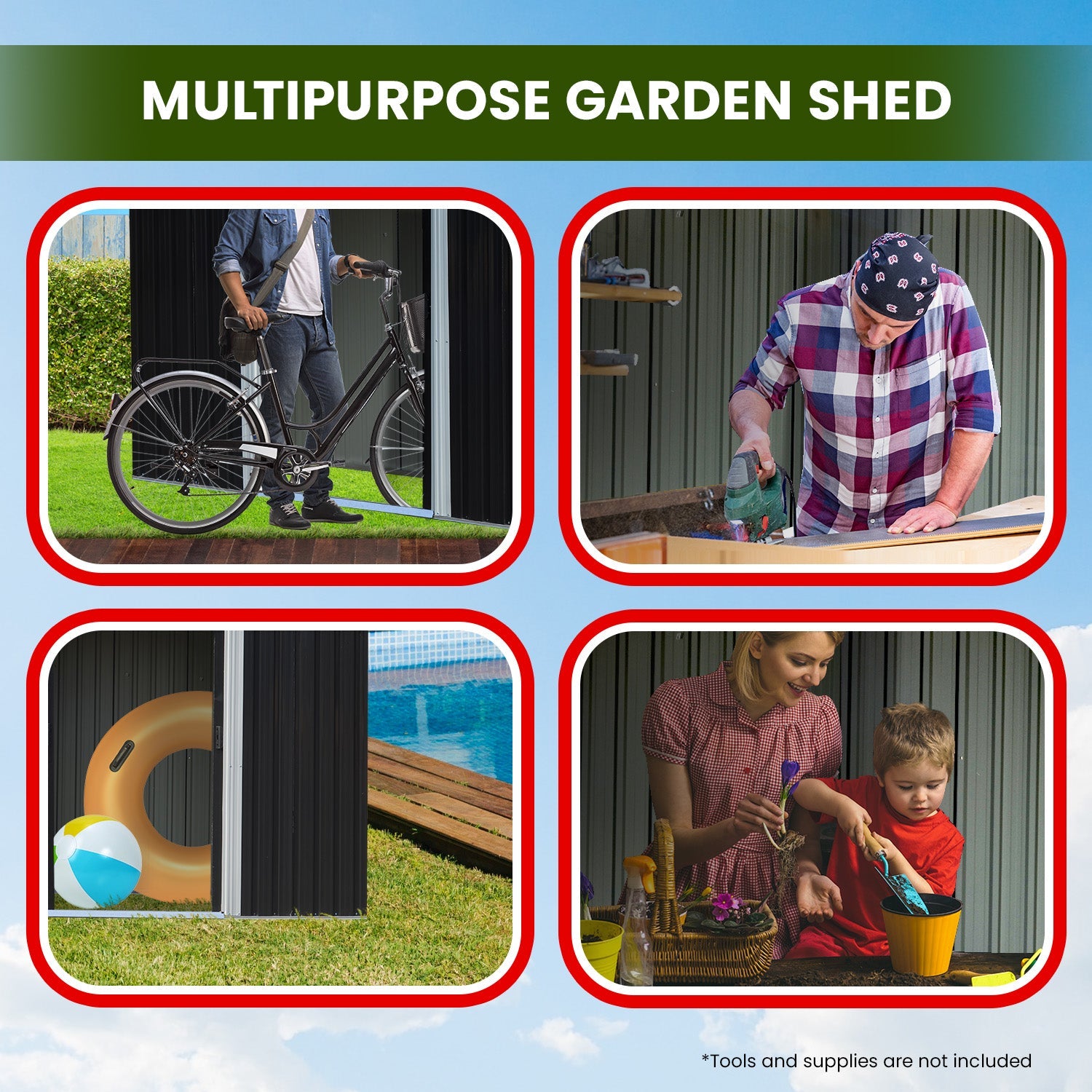 Wallaroo 6x8ft Zinc Steel Garden Shed with Open Storage - Black Wallaroo