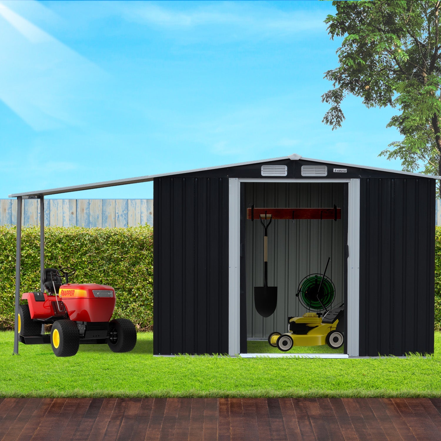Wallaroo 6x8ft Zinc Steel Garden Shed with Open Storage - Black Wallaroo