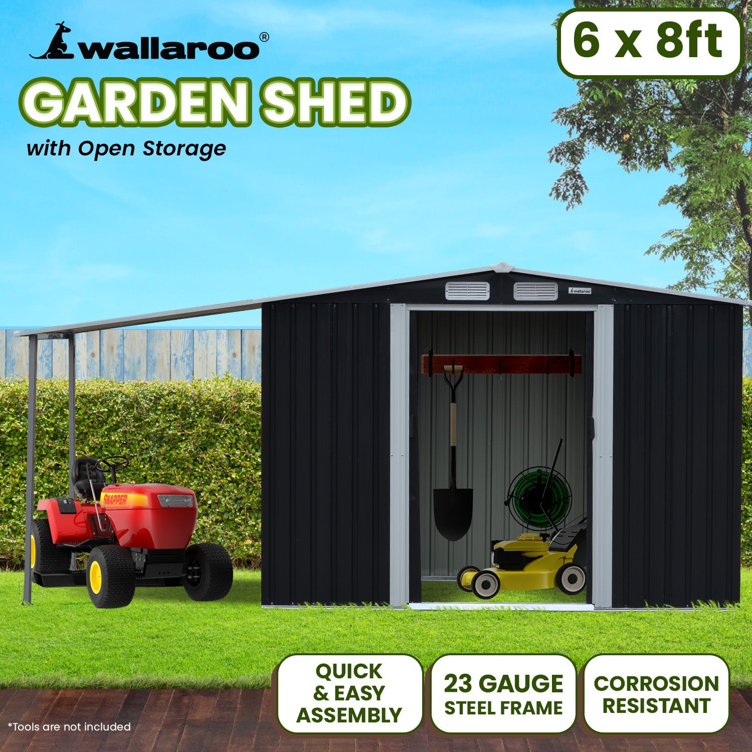 Wallaroo 6x8ft Zinc Steel Garden Shed with Open Storage - Black Wallaroo