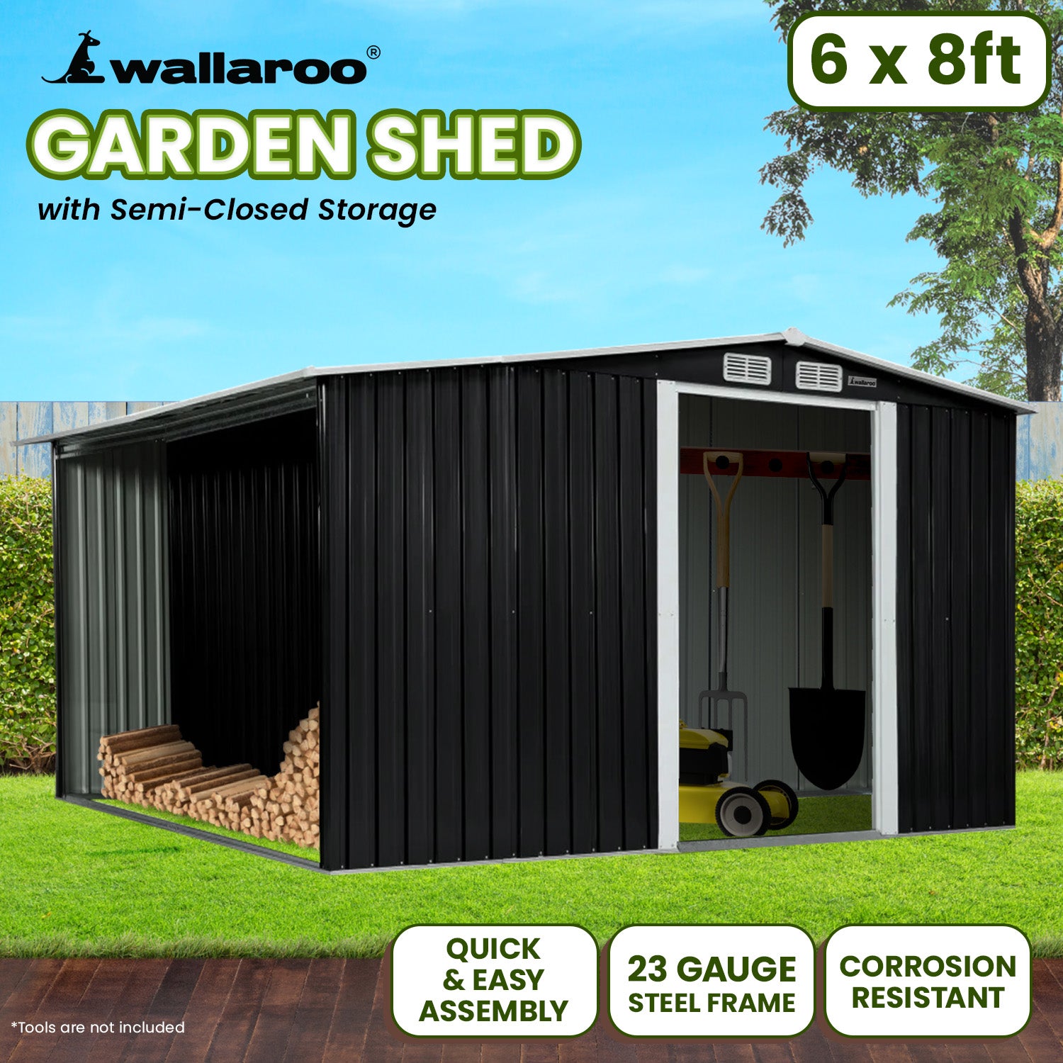 Wallaroo Garden Shed with Semi-Close Storage 6*8FT - Black Wallaroo