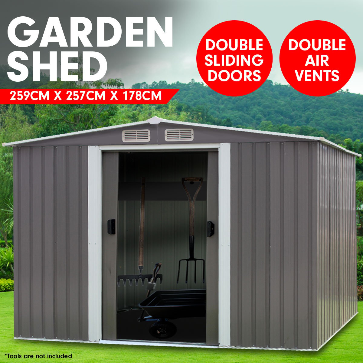 Wallaroo Garden Shed Spire Roof 8ft x 8ft Outdoor Storage Shelter - Grey Wallaroo