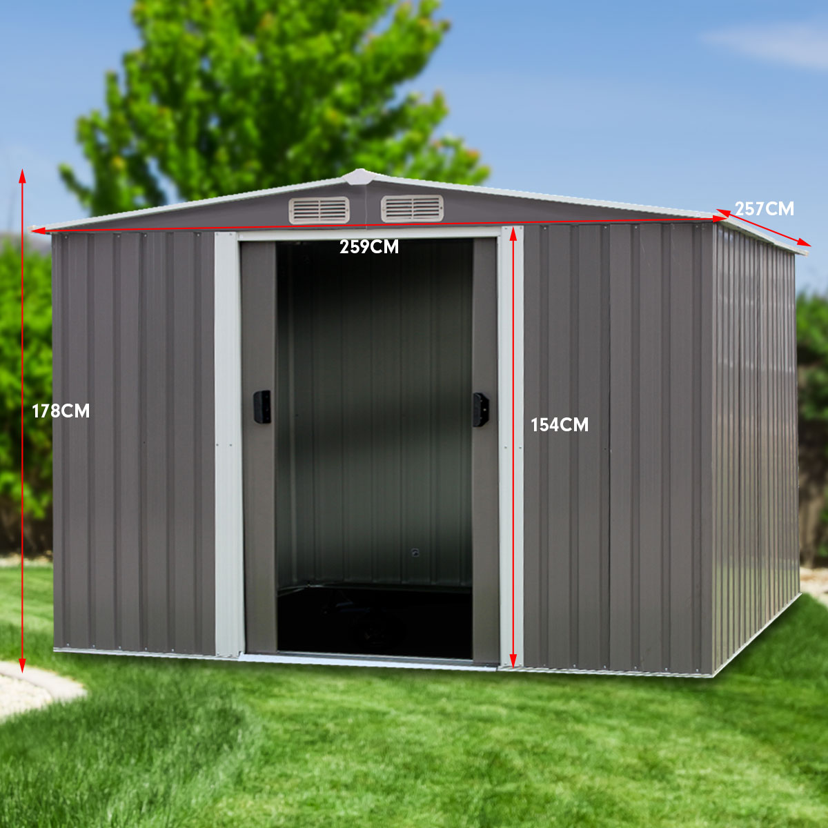 Wallaroo Garden Shed Spire Roof 8ft x 8ft Outdoor Storage Shelter - Grey Wallaroo