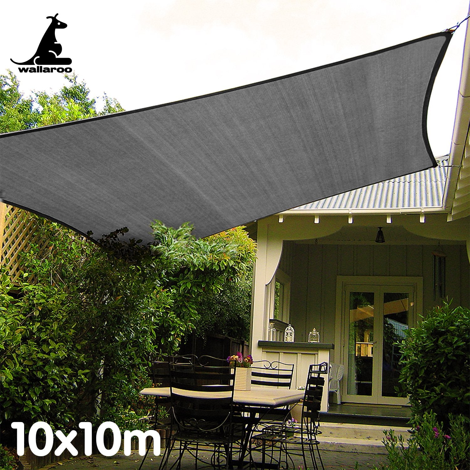 Wallaroo Outdoor Sun Shade Sail Canopy Grey Square 10 x 10M Wallaroo