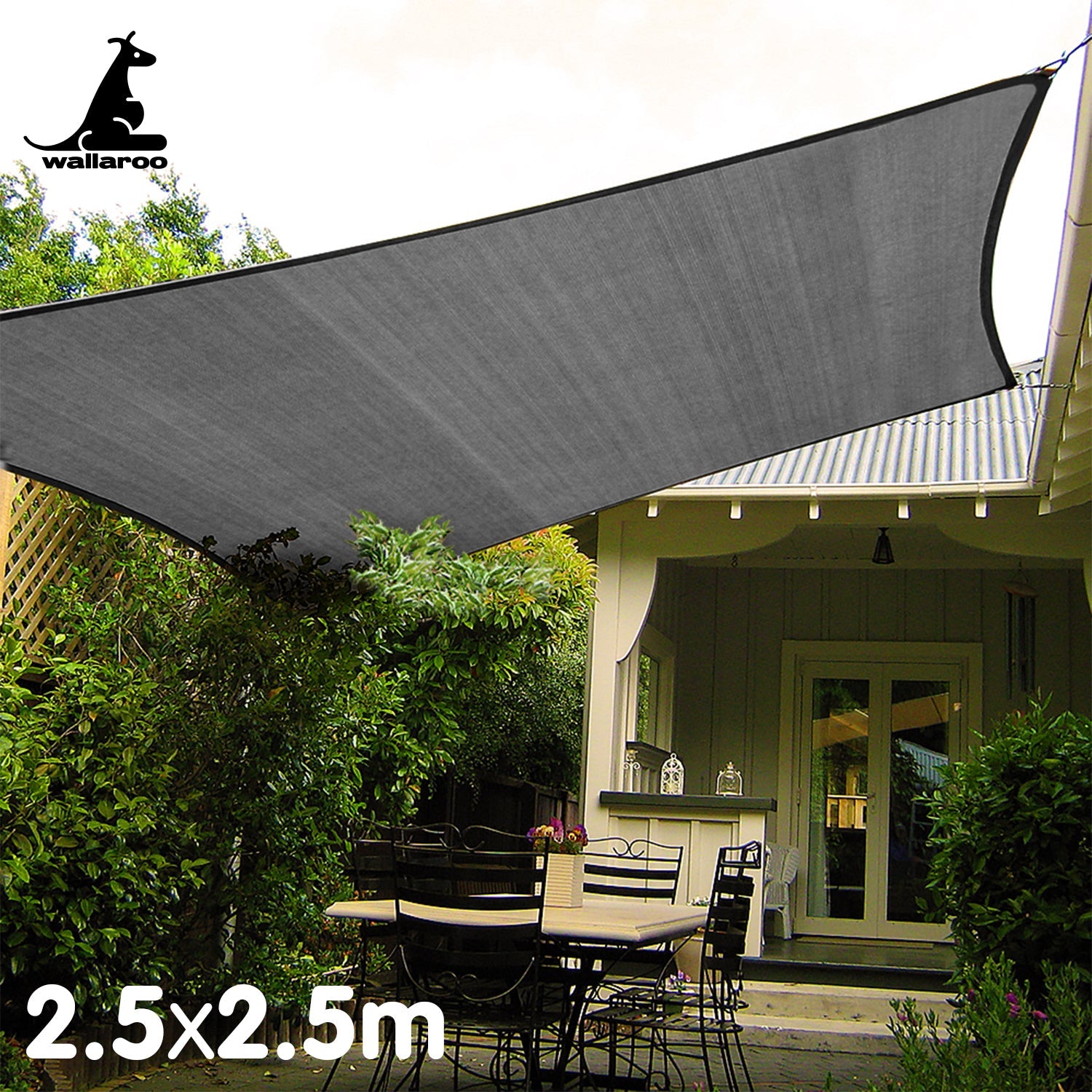 Wallaroo Outdoor Sun Shade Sail Canopy Grey Square 2.5 x 2.5M Wallaroo