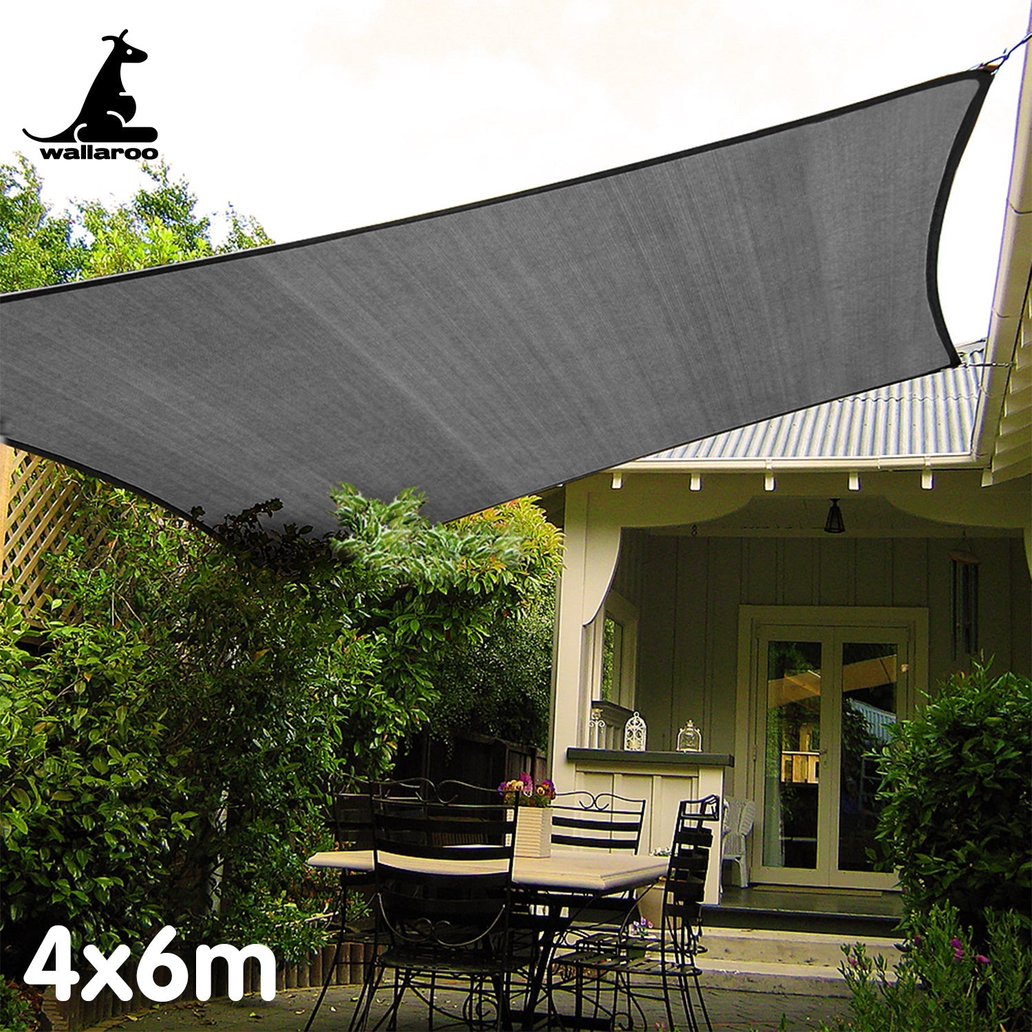 Wallaroo Outdoor Sun Shade Sail Canopy Grey Rectangle 4 x 6M Wallaroo