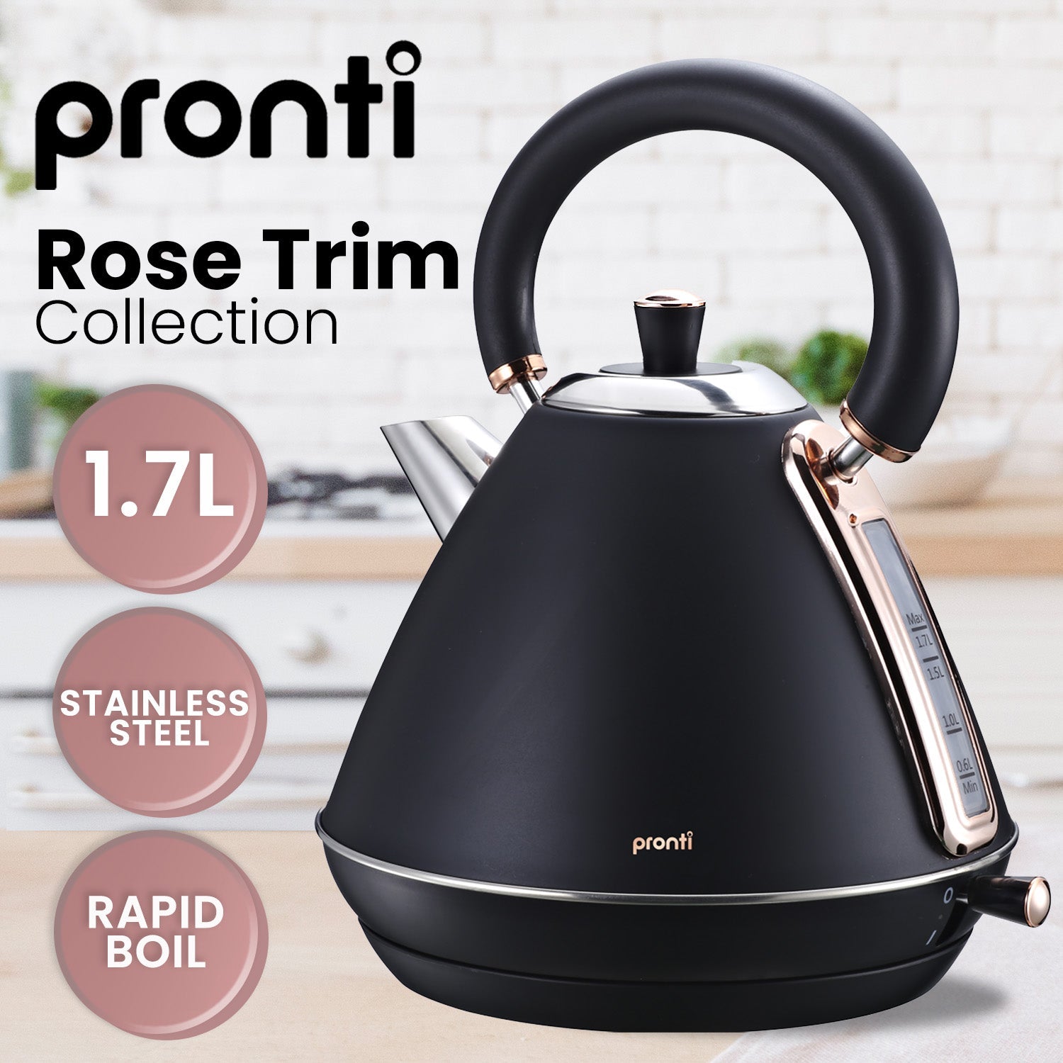 Pronti 1.7L Rose Trim Collection Kettle - Black Pronti