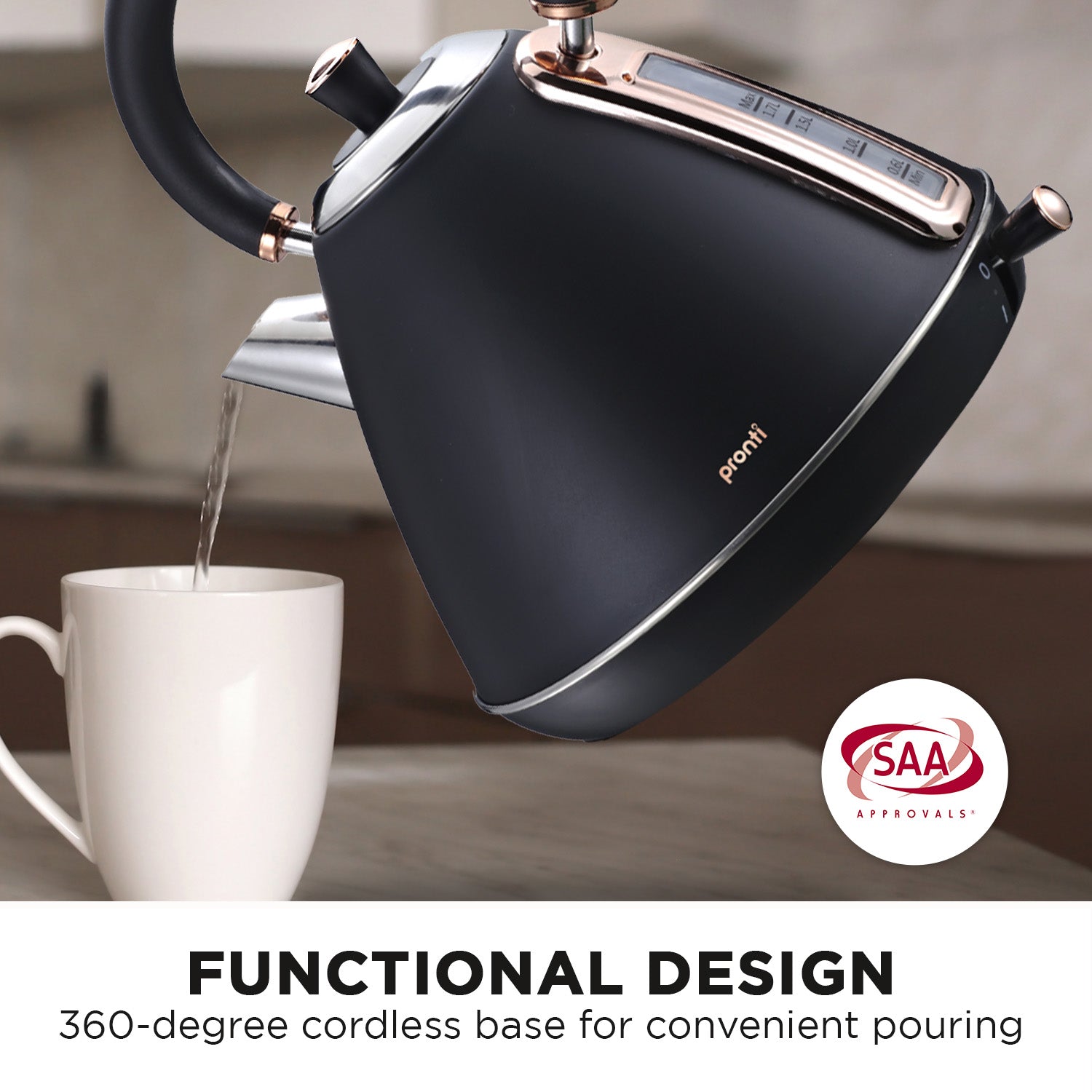 Pronti 1.7L Rose Trim Collection Kettle - Black Pronti