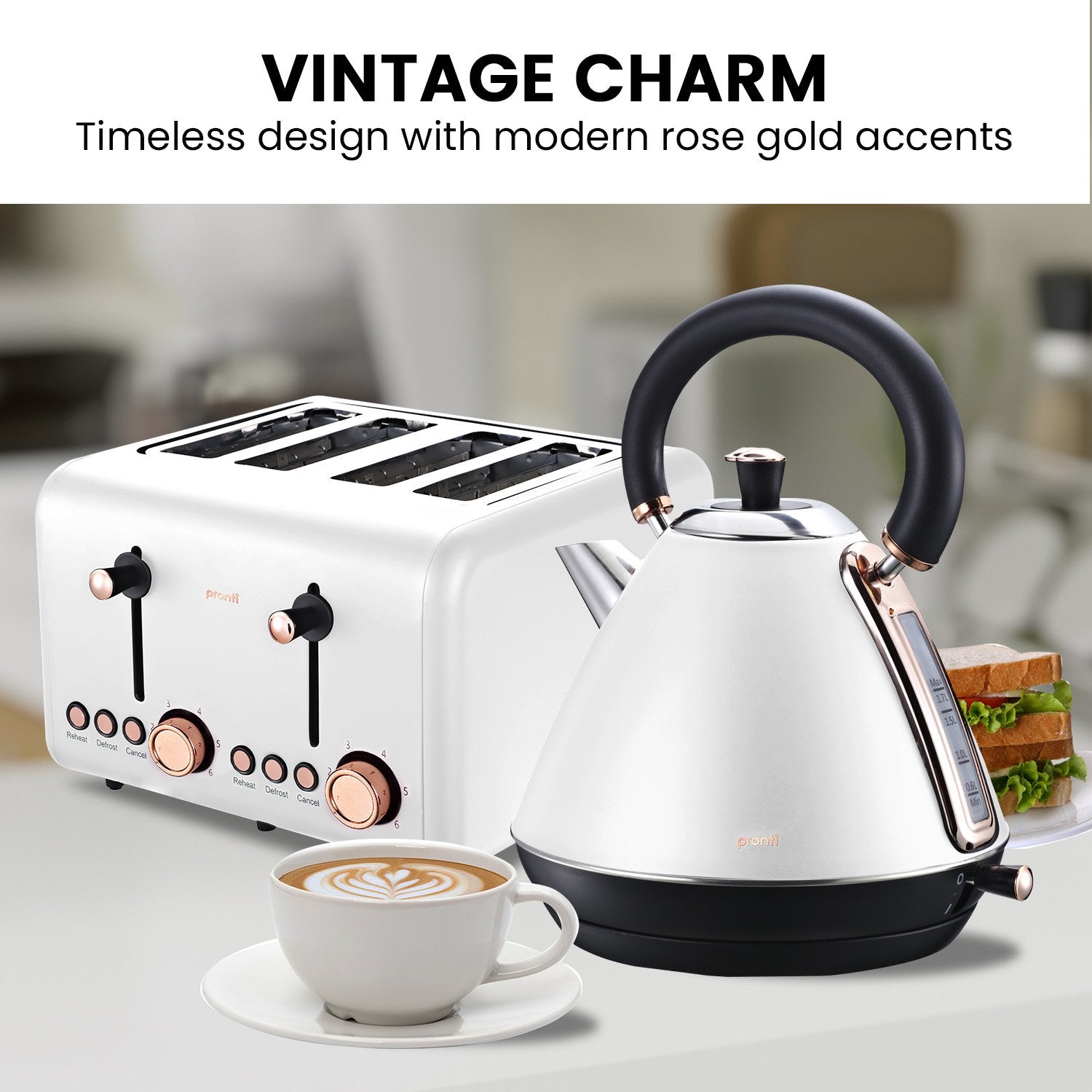 Pronti Rose Trim Collection Toaster & Kettle Bundle - White Pronti