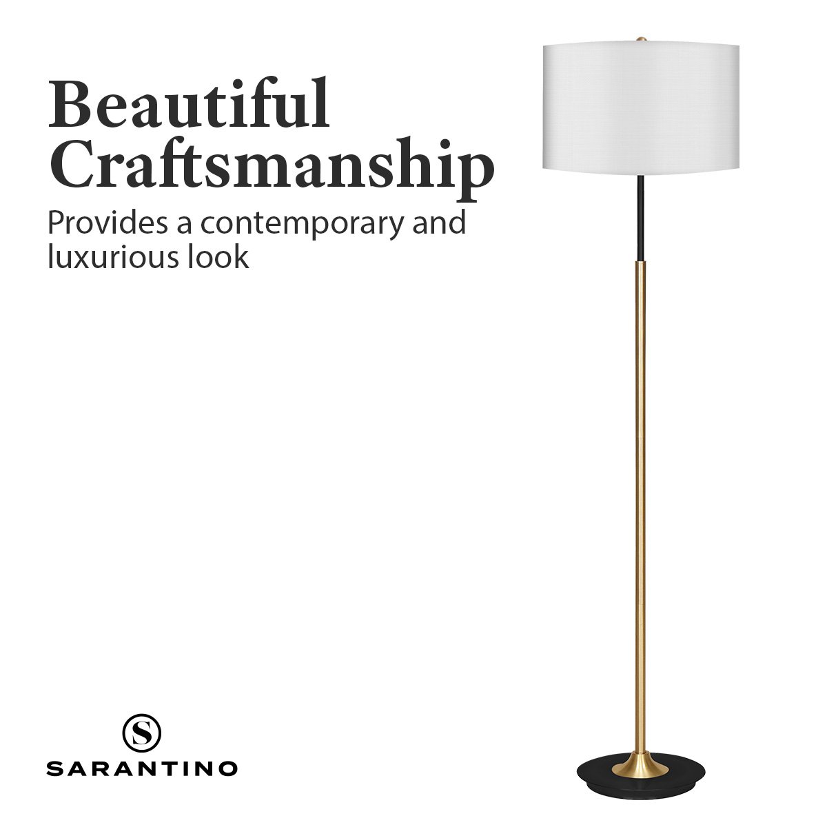 Sarantino Metal Floor Lamp Brushed Brass Finish with White Shade Sarantino