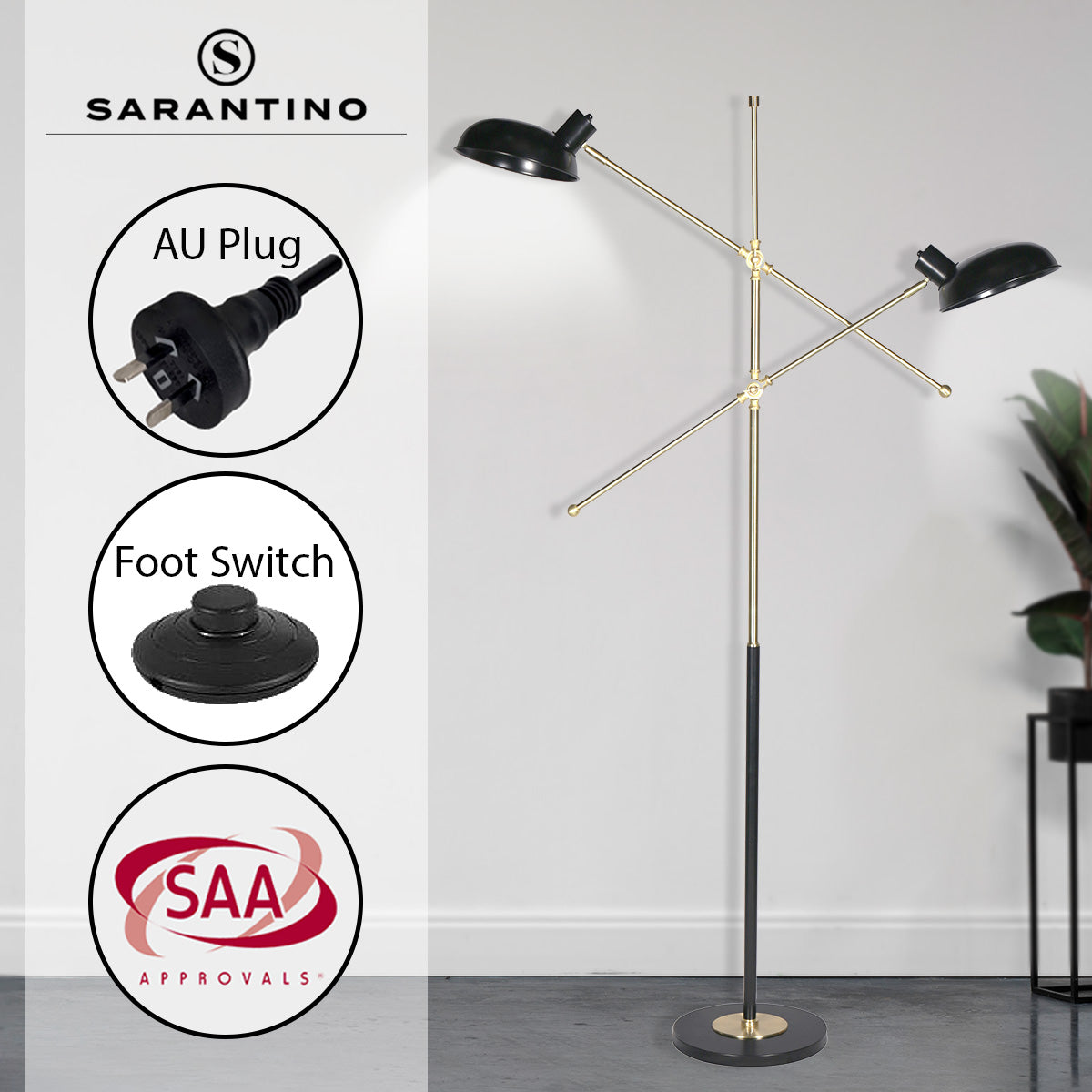Sarantino Adjustable Two Light Lamp Black and Gold Finish Sarantino
