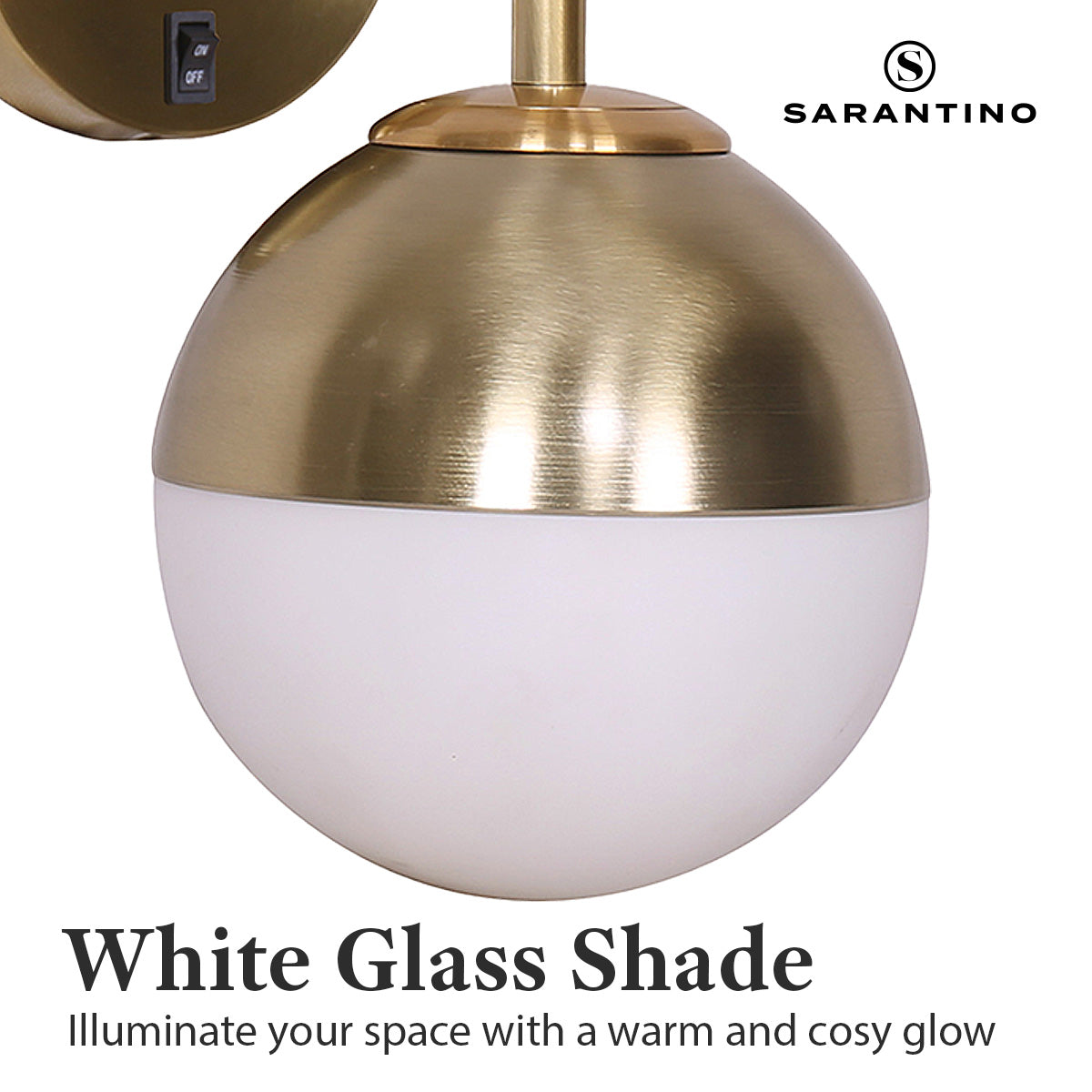 Sarantino Wall Lamp with Gold Metal Base and White Glass Shade Sarantino