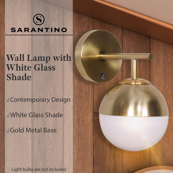 Sarantino Wall Lamp with Gold Metal Base and White Glass Shade Sarantino