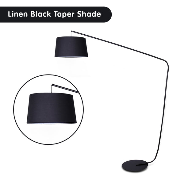 Sarantino Metal Arc Floor Lamp in Black Finish with Linen Taper Shade Sarantino