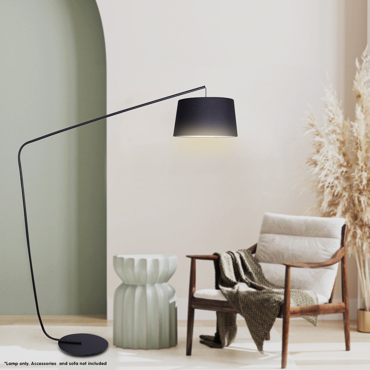 Sarantino Metal Arc Floor Lamp in Black Finish with Linen Taper Shade Sarantino
