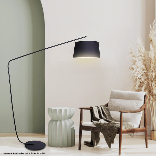 Sarantino Metal Arc Floor Lamp in Black Finish with Linen Taper Shade Sarantino