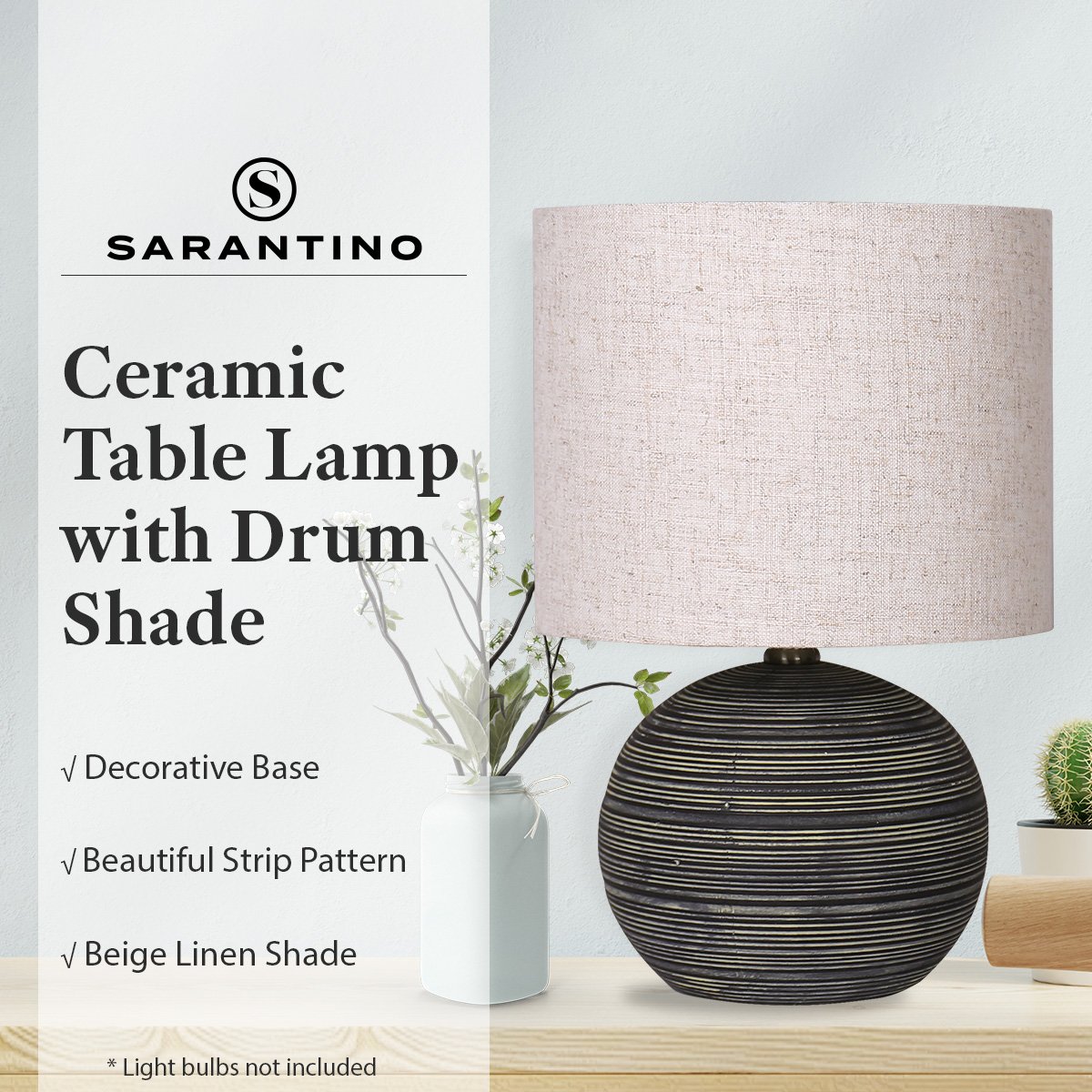 Sarantino Ceramic Table Lamp With Striped Pattern In Antique Black Sarantino