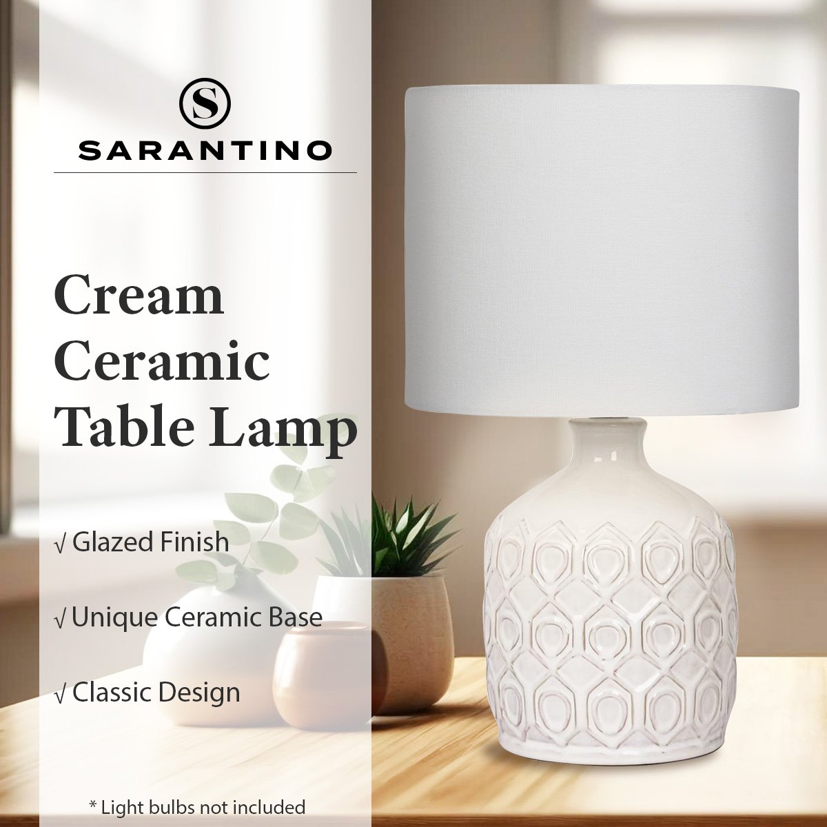Sarantino Ceramic Table Lamp In Cream Sarantino