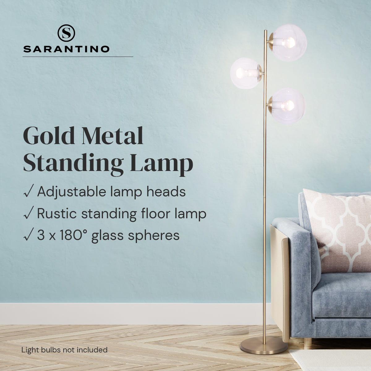 Sarantino 3-Light Gold Metal Floor Lamp with Glass Shades Sarantino