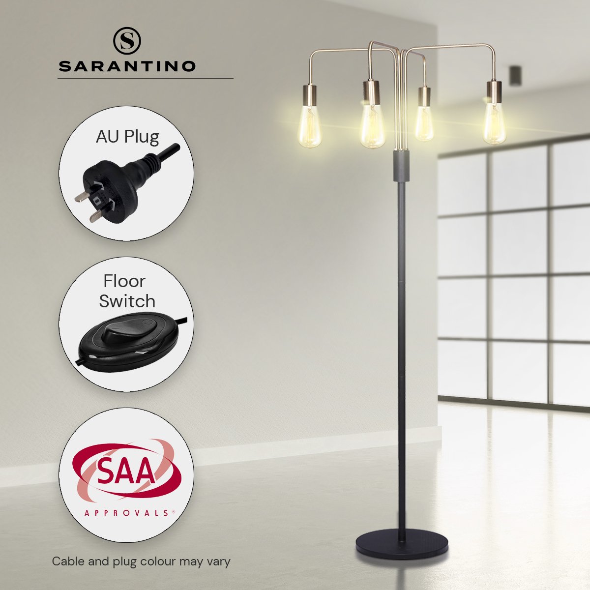 Sarantino Modern Exposed Bulb 4-Arm Industrial Light Floor Lamp Sarantino