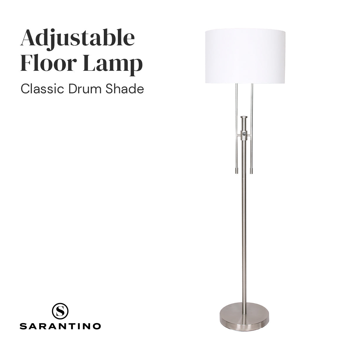 Sarantino Brushed Nickel Height-Adjustable Metal Floor Lamp Sarantino