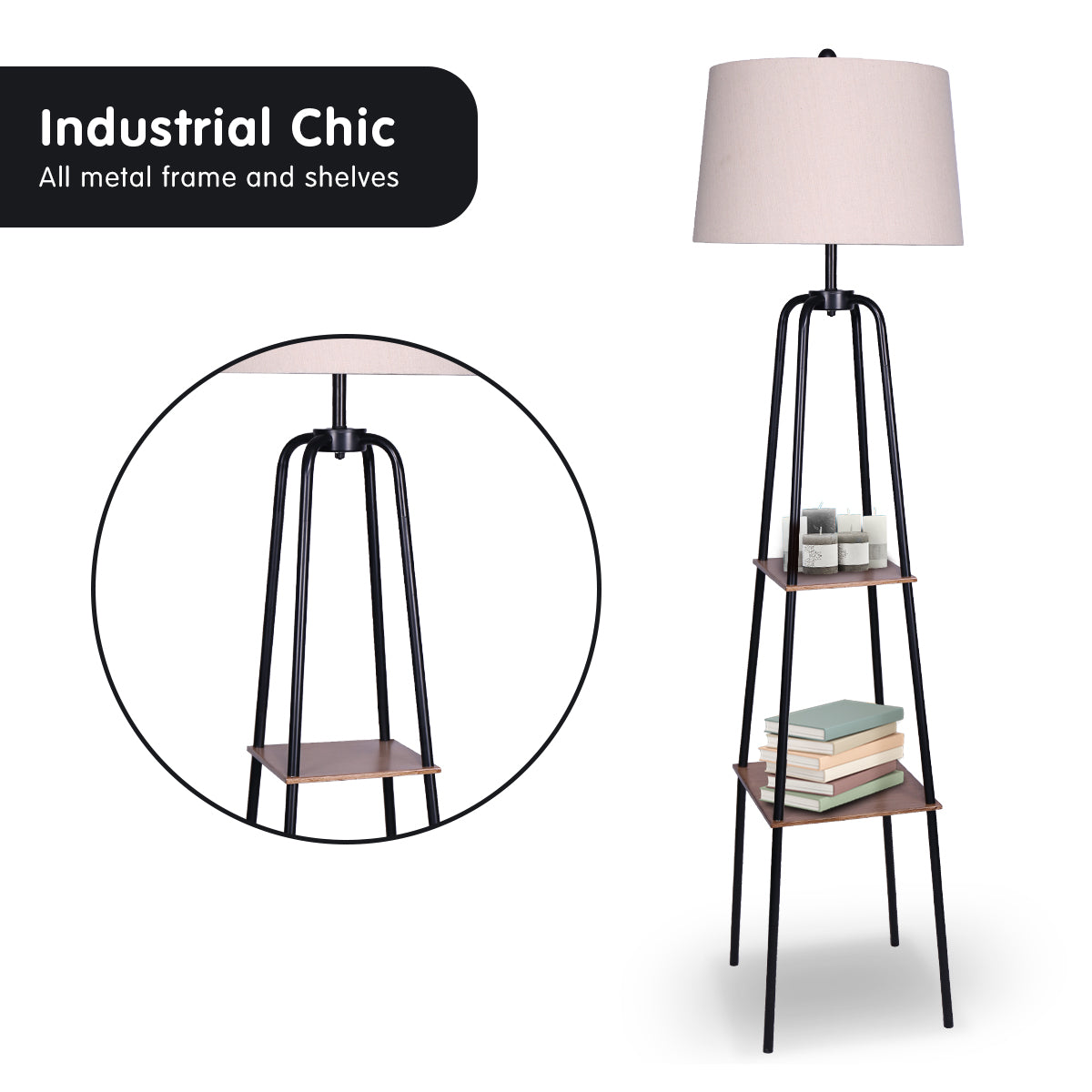 Sarantino Metal Etagere Floor Lamp Shade Metal Shelf in Wood Finish Sarantino