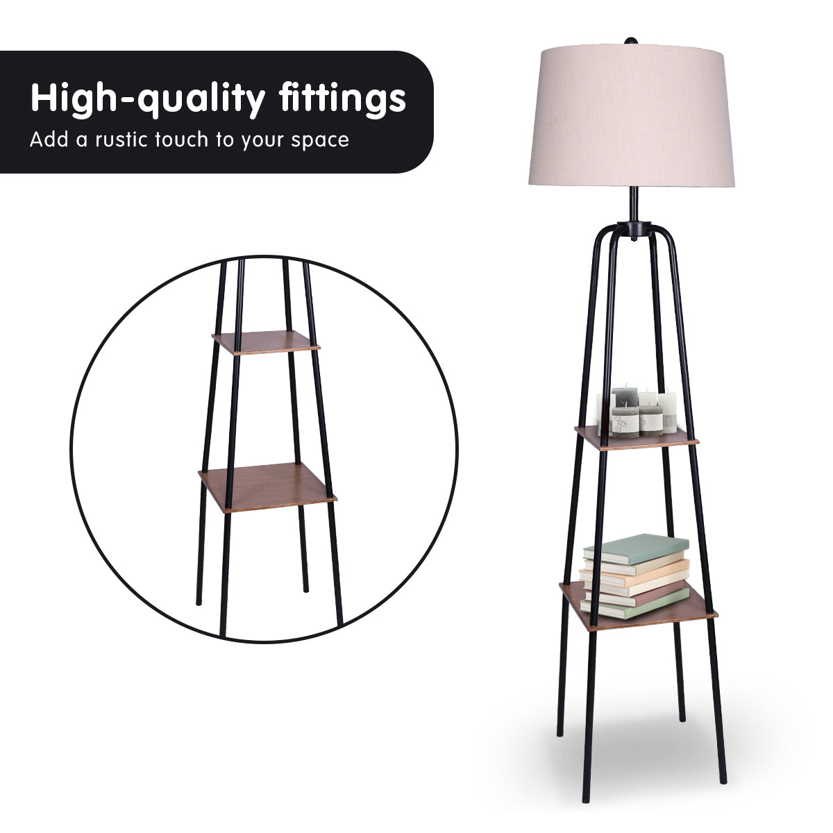 Sarantino Metal Etagere Floor Lamp Shade Metal Shelf in Wood Finish Sarantino