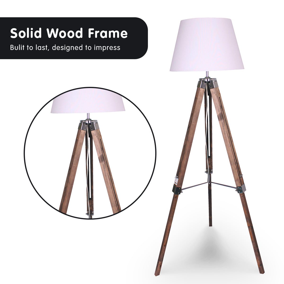 Sarantino Solid Wood Tripod Floor Lamp Adjustable Height White Shade Sarantino