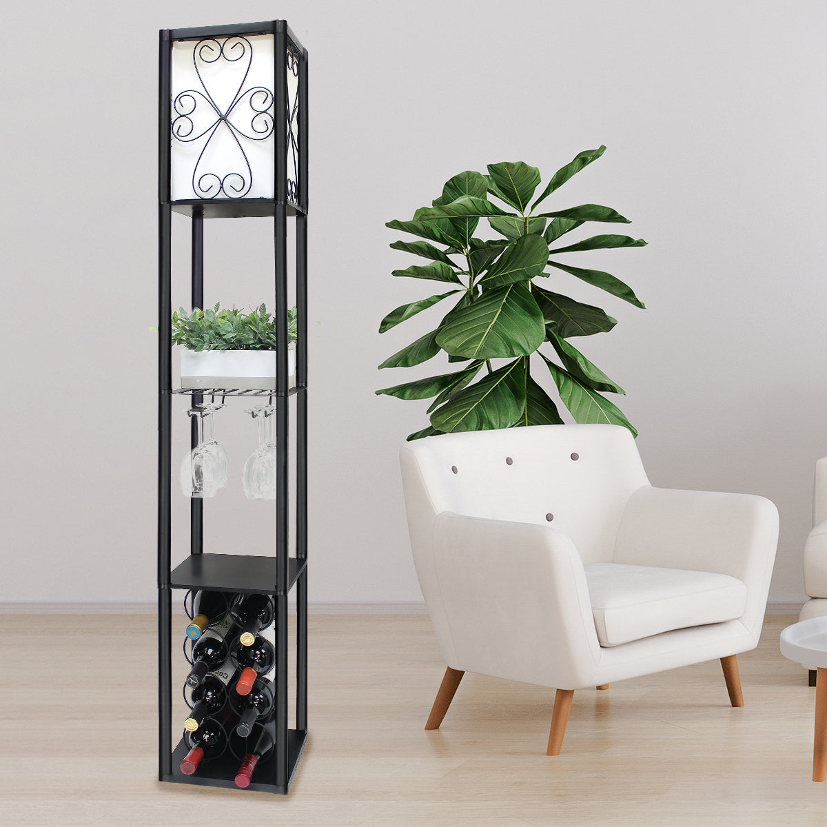 Sarantino Metal Etagere Floor Lamp with Wine Holder Shelf Sarantino